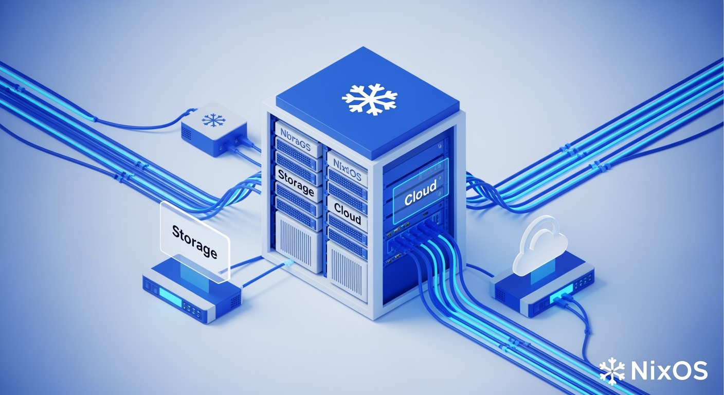Modern NixOS homelab infrastructure with storage and cloud servers connected by network flows